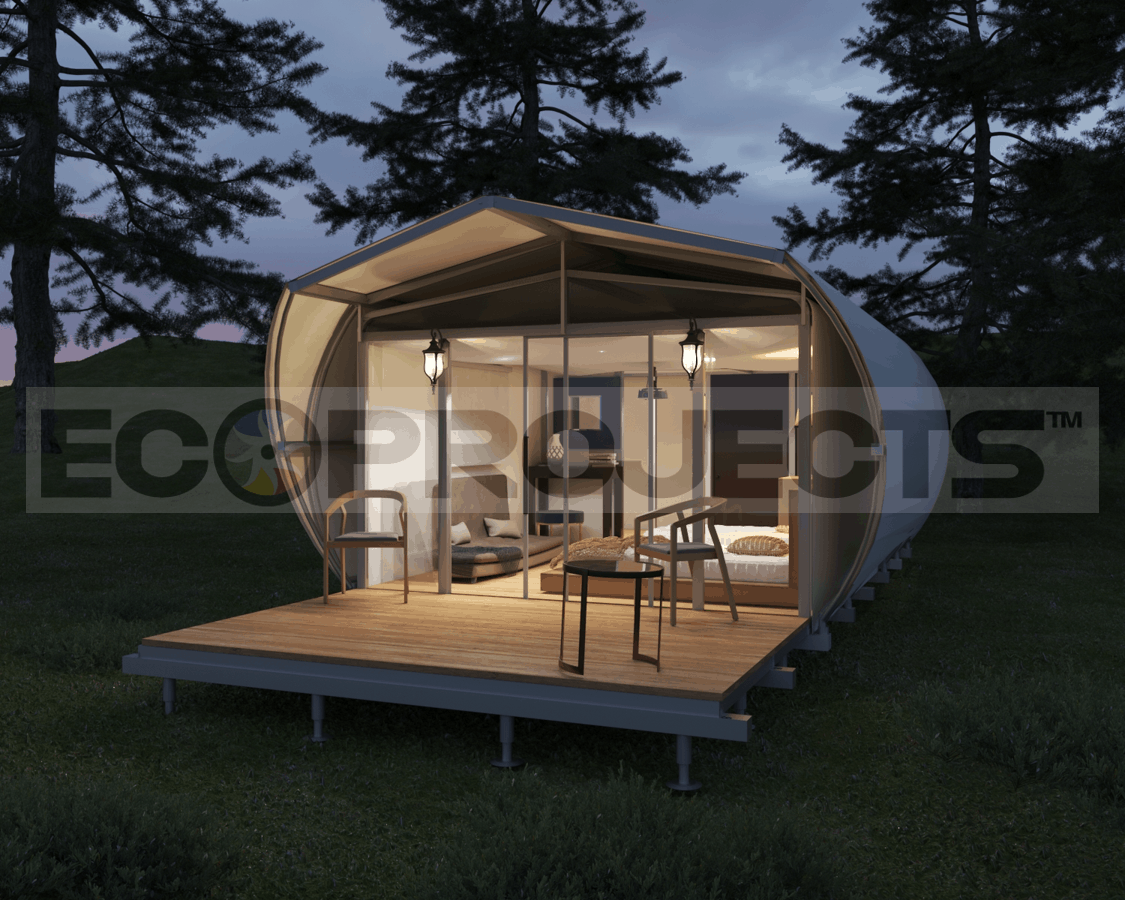 Ecoproparks. Cabaña con logotipo de Ecoprojects.